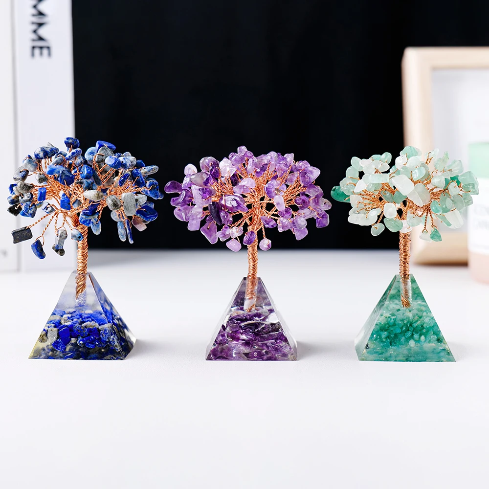 Wholesale Natural Energy Crystal Tree Gemstone Pyramid Base Chip Crystal Stone Tree Of Life Home Decoration
