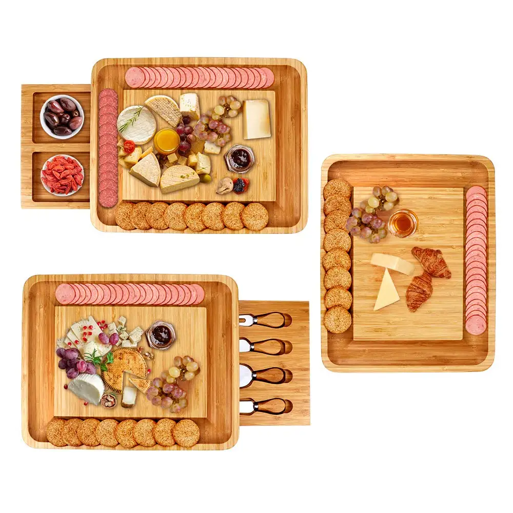 Best sell Large Bamboo Cheese Cutting Plates Board Set and Knife Set With Hidden Slide Drawers Wood Charcuterie Platter Board