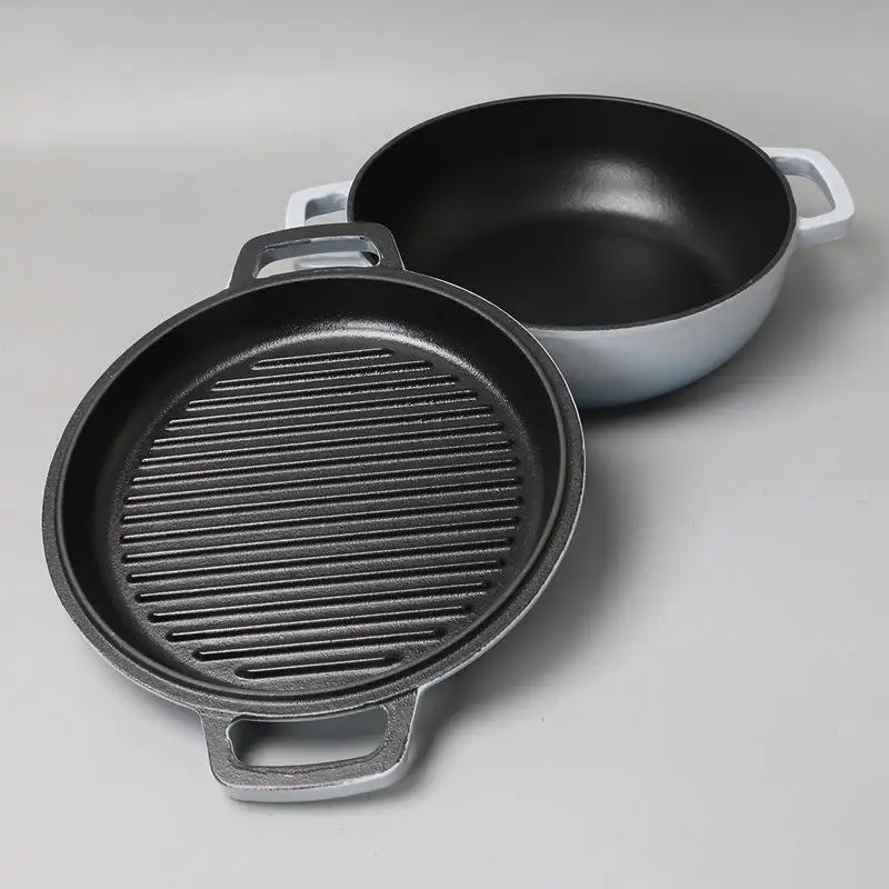 Preseasoned 26CM Camping 2 in 1 Casserole Pot Cookware Cast Iron Double Use Dutch Oven With Dual Handles And Lid