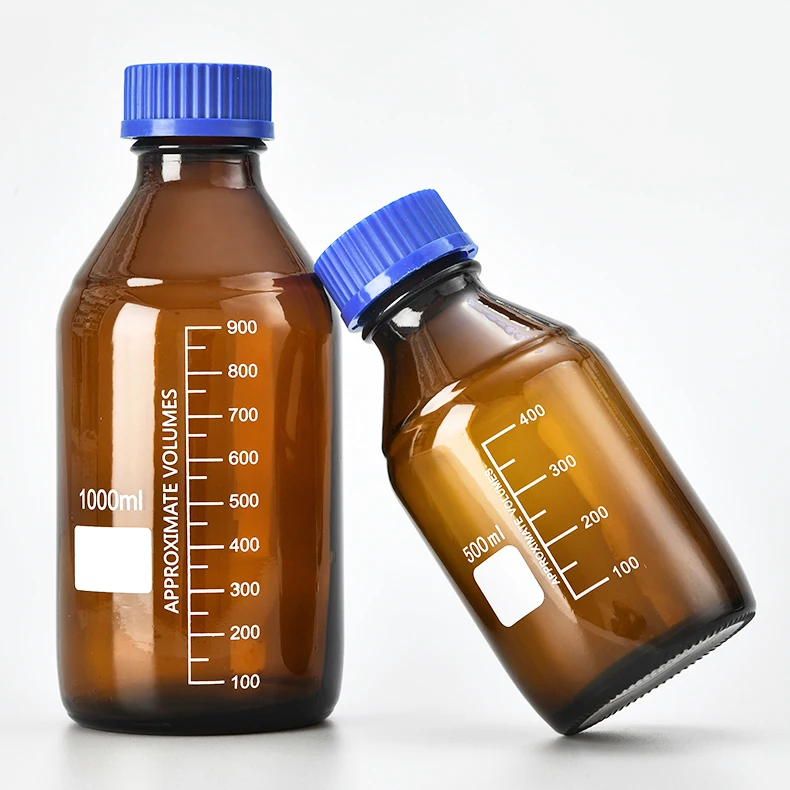 Научные круглые флаконы для хранения материалов из боросиликатного стекла янтарный флакон с реагентом синей винтовой крышкой