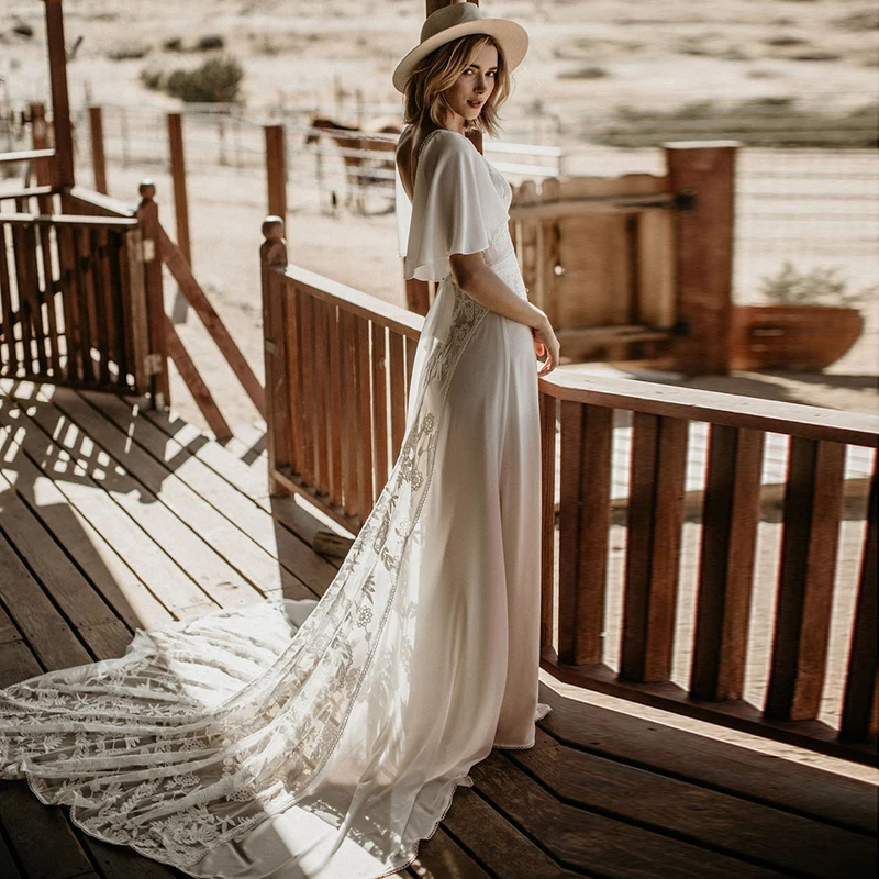 
Wholesale White High Quality Elegant V Neck Short Sleeve Lace Crepe Bridal Wedding Dress 