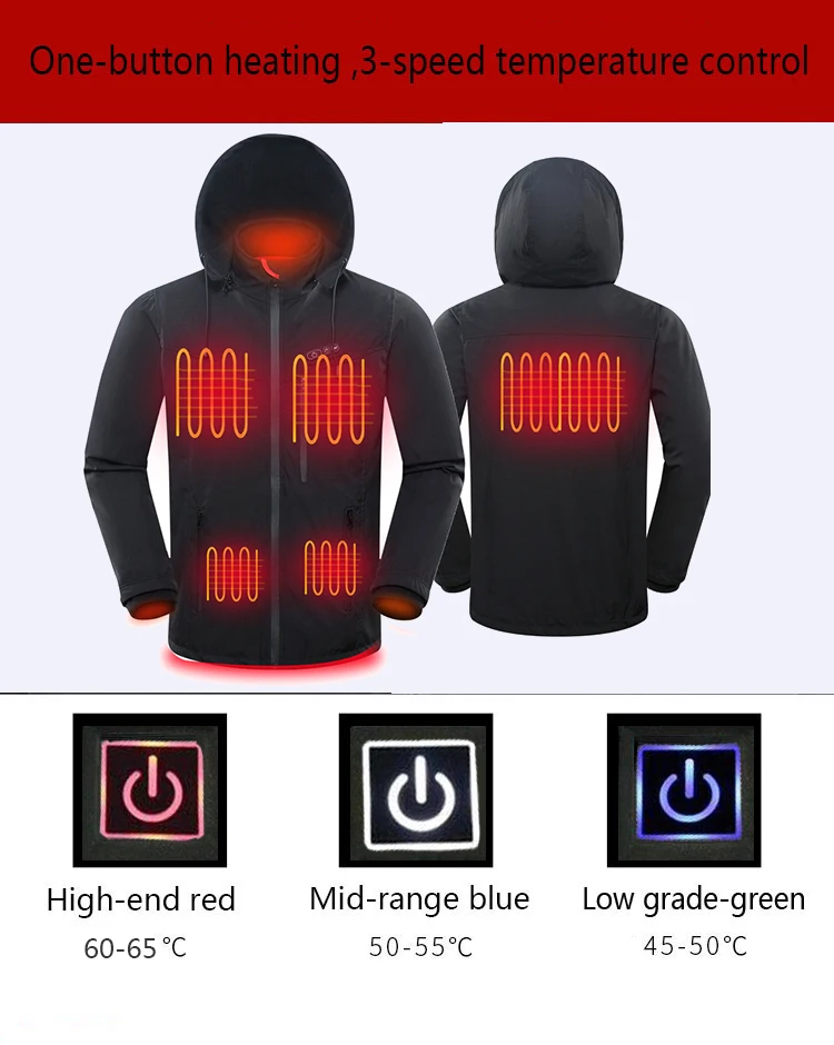 9 Zone Heating Clothing Hoodie Coat Winter Warmer Usb Thermal Heated Jacket Casual Stand Fleece Woven 100% Polyester for Men