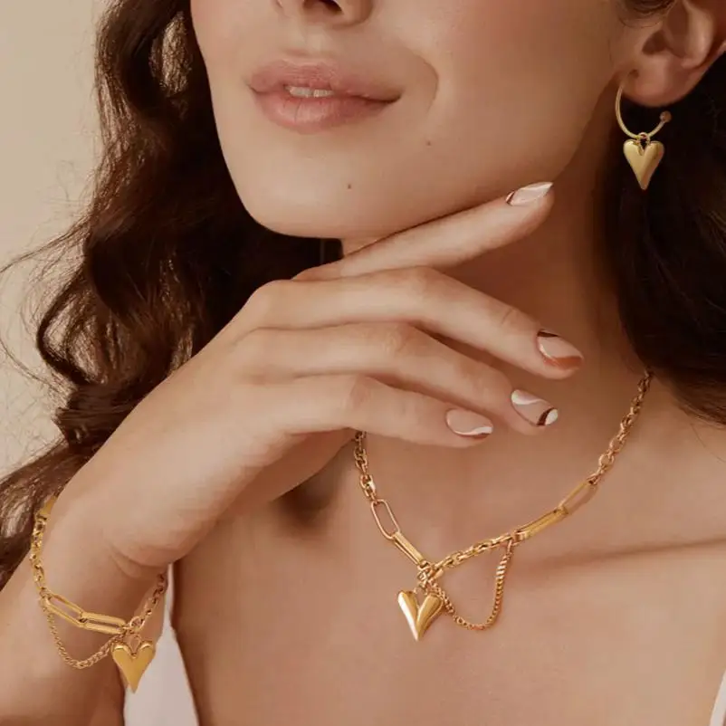 18k Gold Plated Trendy Stainless Steel Paper Pin Link Chain  Necklace Earring Bracelet Fashion Heart Jewelry Set For Women