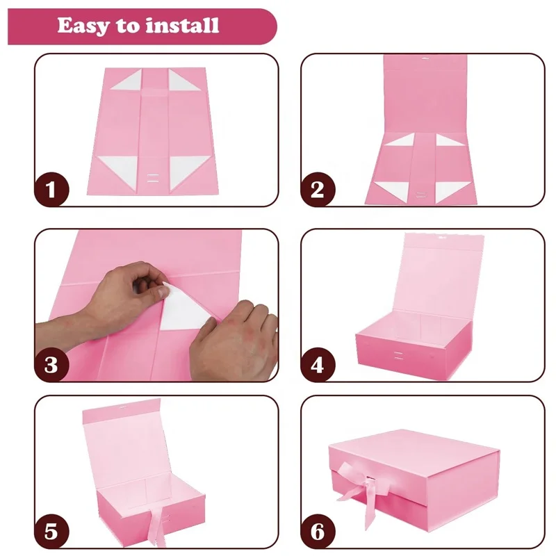 Customized logo Pink Large Recyclable Rigid Cardboard Foldable Clothes/Shoes Packaging Luxury Magnetic Gift Box with Ribbon