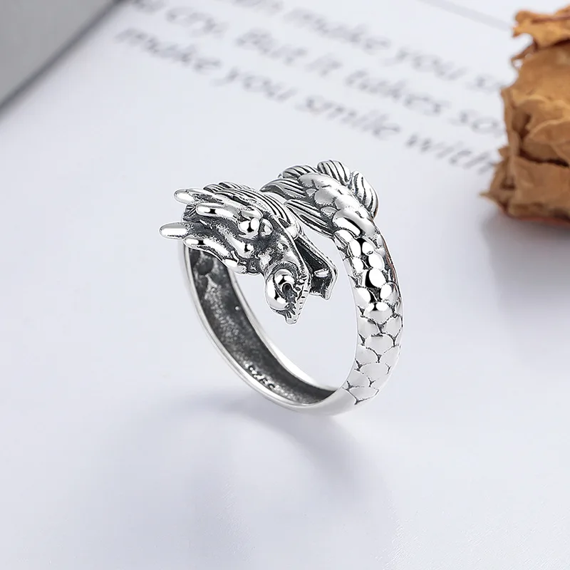 S925 sterling silver year of the loong Antique Heavy Industry Edition  dragon totem national tide wind jewelry opening ring