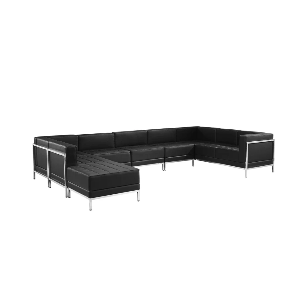 Office Modern U Shape Black Genuine Leather Couch 10 7 Seater Sectional Sofa Set Designs