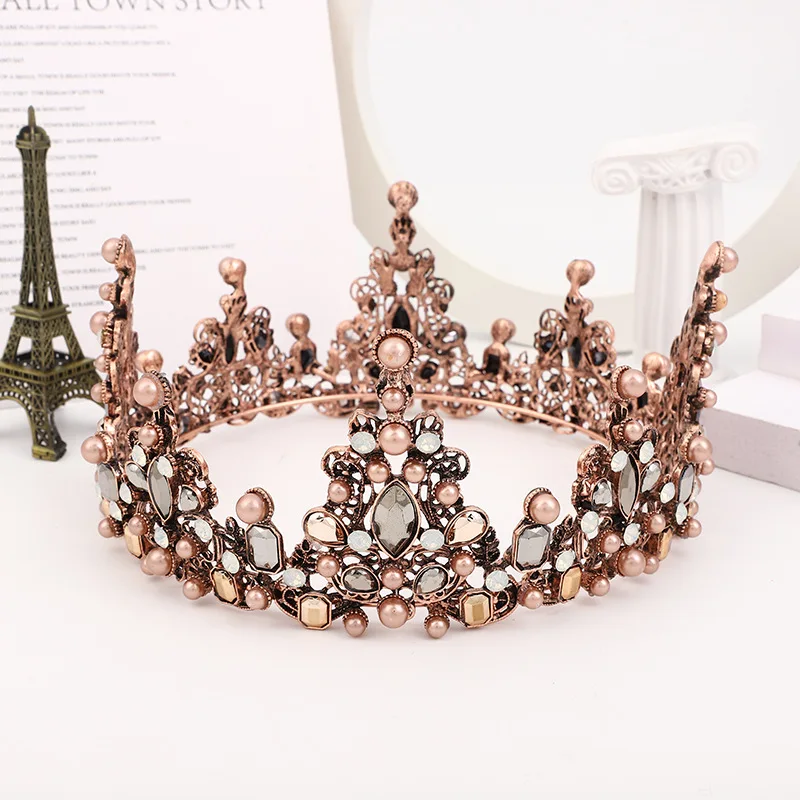 pearl Crystal Rhinestone zinc alloy Bridal round Crown antique brass wedding Accessories women jewelry hair accessories