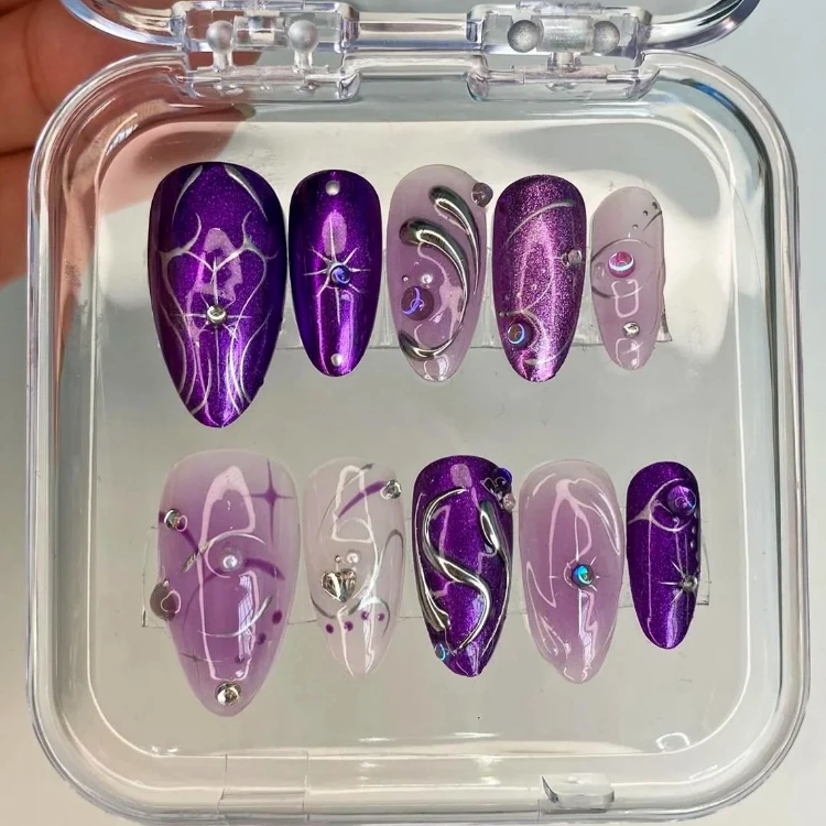 2025 Luxury Almond Pattern 3D Press-On Gel Nails 10pcs High Quality Soft ABS Acrylic Handmade Reusable Nail Art Model Design
