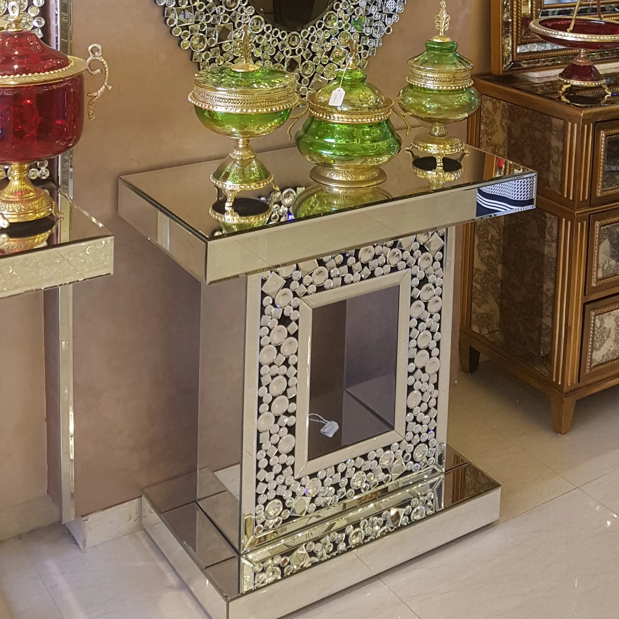 High end wholesale convex oval wall crystal mirror with console table