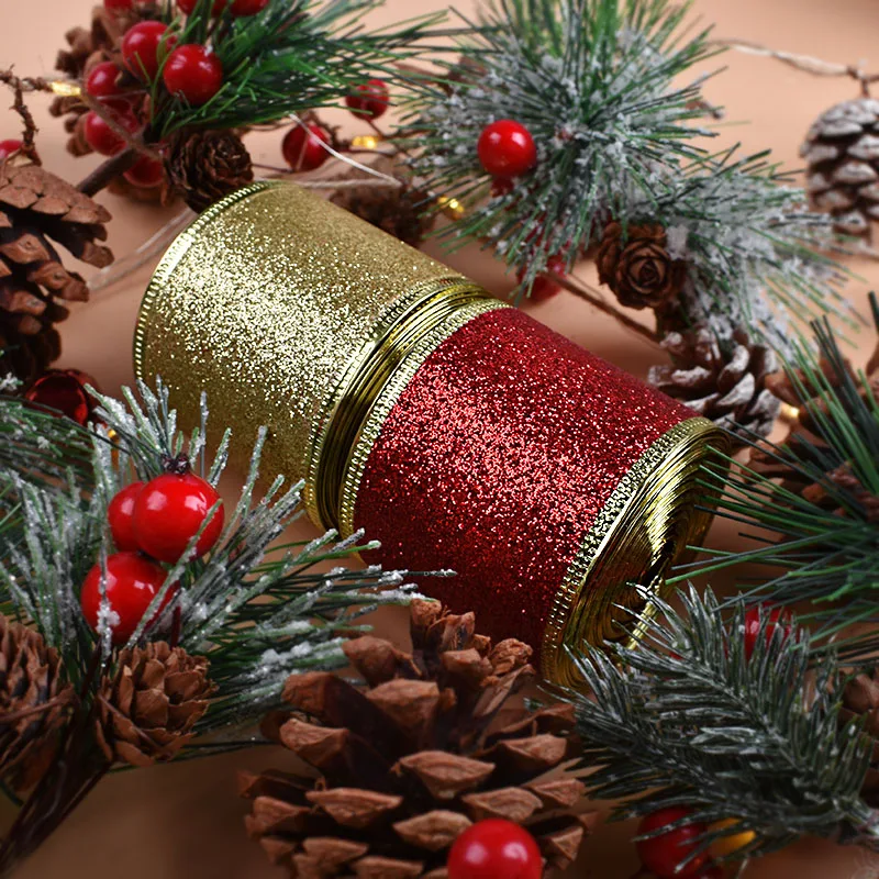 50mm Gold Wire Edge Metallic glitter ribbon Polyester Ribbon Roll Christmas ribbons For Decoration