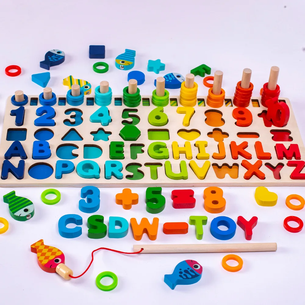Wholesale Montessori Educational Mathematics Smart Games Fishing Sensory Toys Geometric Shapes Wooden Baby Toy