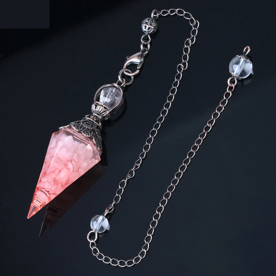 Natural Crystal Pendulums Pendant Resin Spring Hexagon Cone Pendant Bronze Natural Gravel Pendant