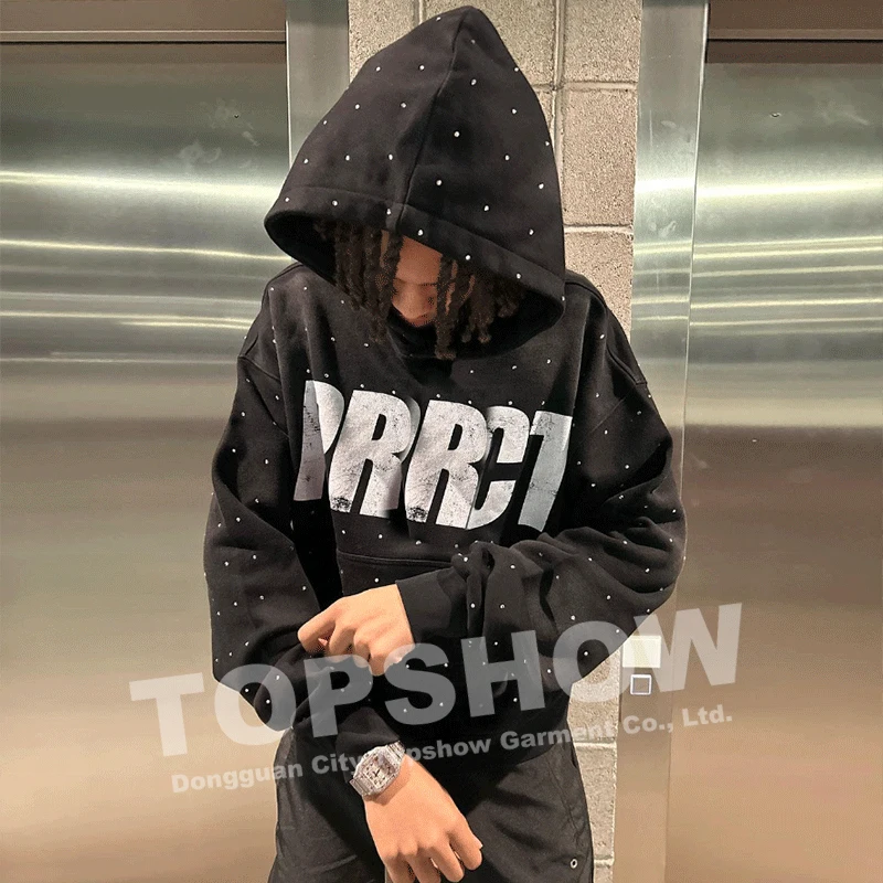 Custom Rhinestone Logo Acid Wash Vintage Streetwear Pullover Puff Print French Terry Sun Faded Rhinestone Hoodies