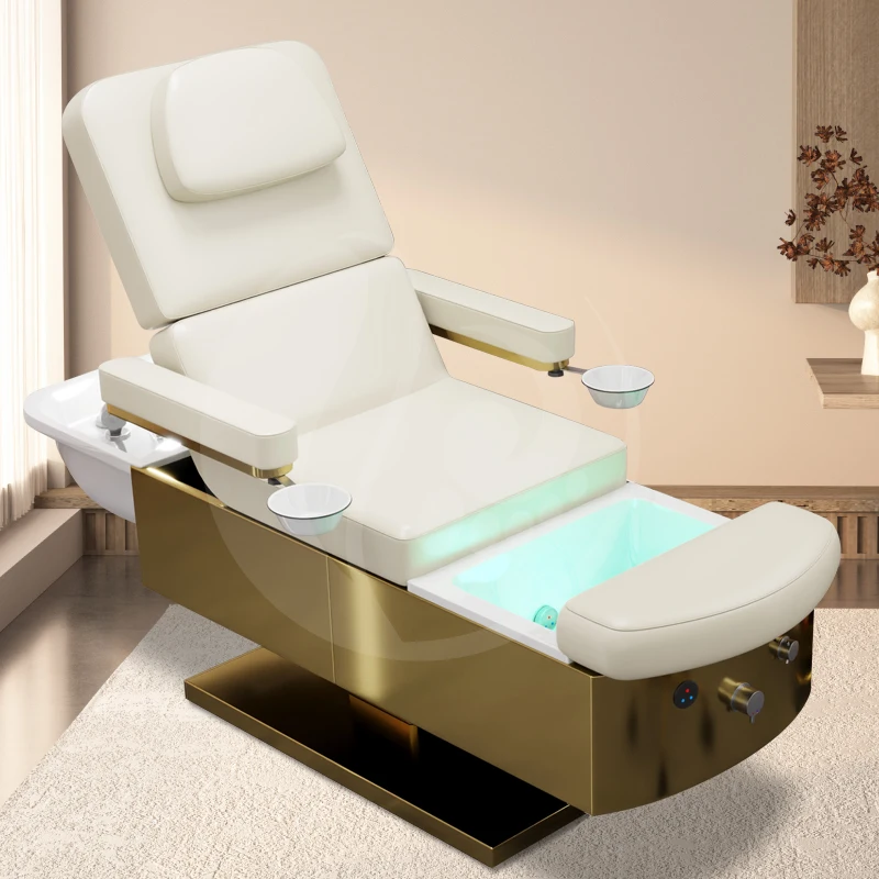 Best price customizable golden base electric hair washing head therapy shampoo bed foot spa chair for beauty salon