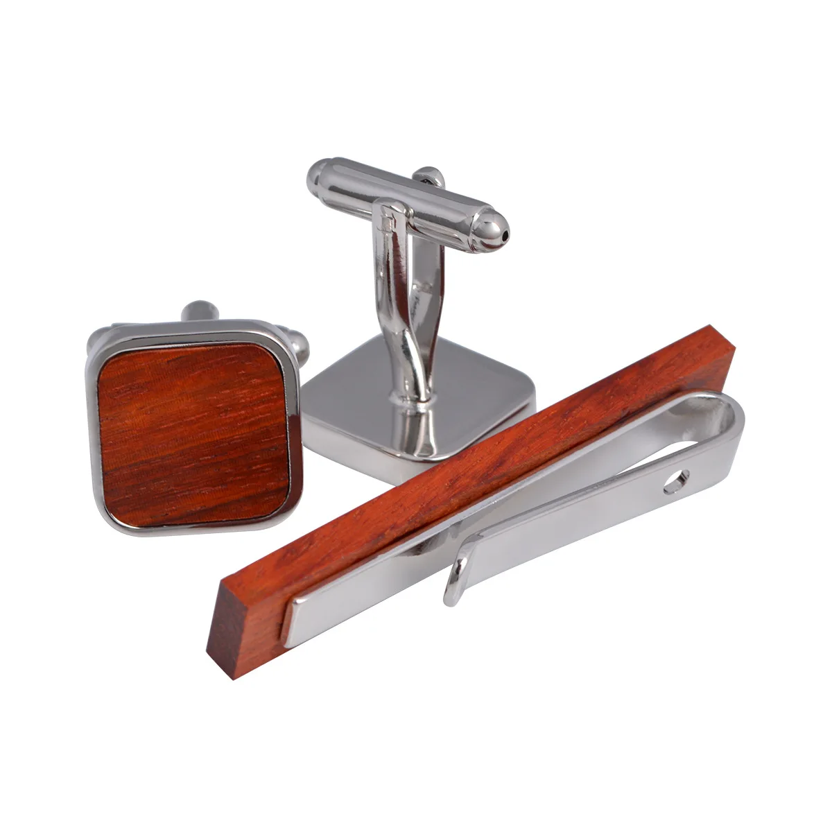 Wholesale Natural Red Wood Premium Cufflinks Tie Clip Gift Set Custom Mens Business Suit Shirt Tie Bar Wedding Tuxedo Tie Pin