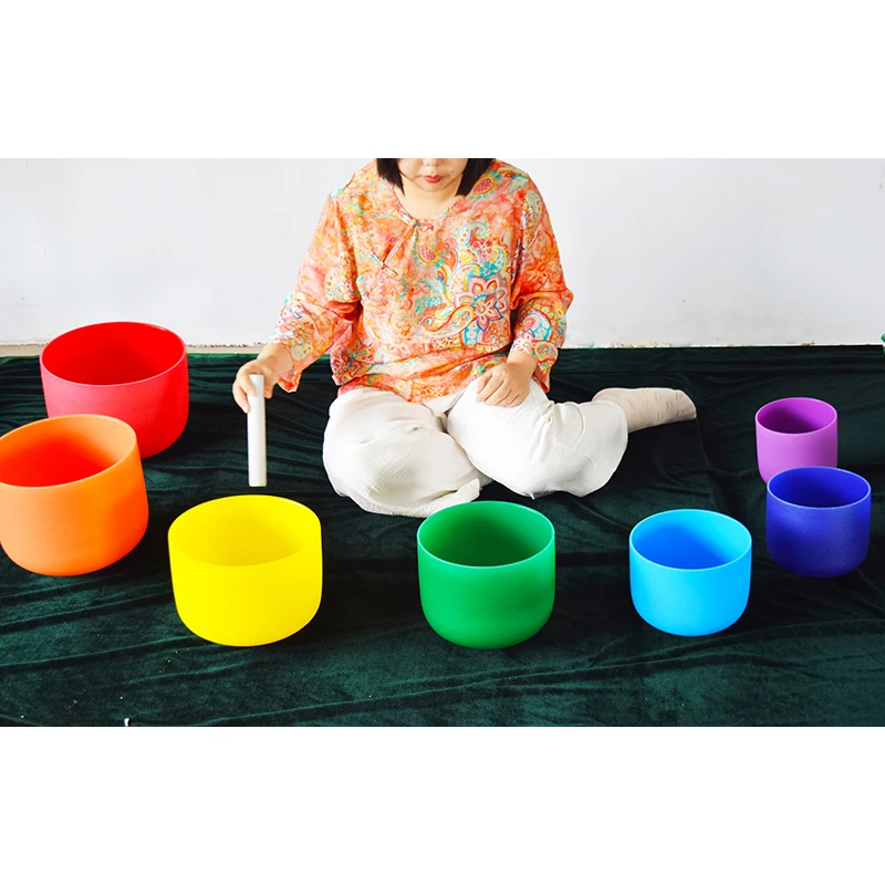free mallets Chakra Singing Bowl Set  432 HZ double side color  7pcs of 6-12inch Crystal Singing Bowls