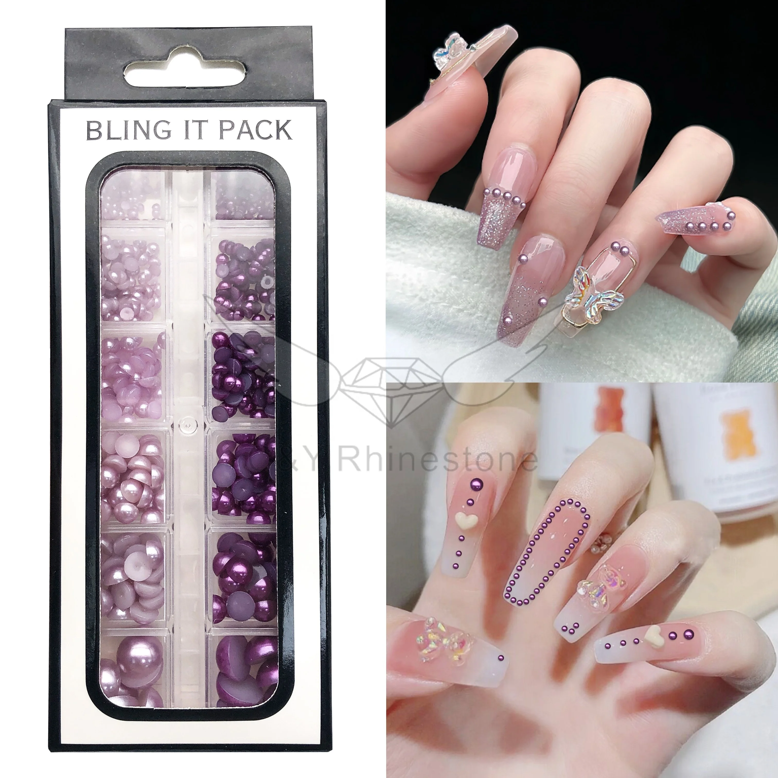 C&Y 12 Grids Mixed Colors Sizes Round Flat Back Pearls on Nail Resin Beads Loose Pearl