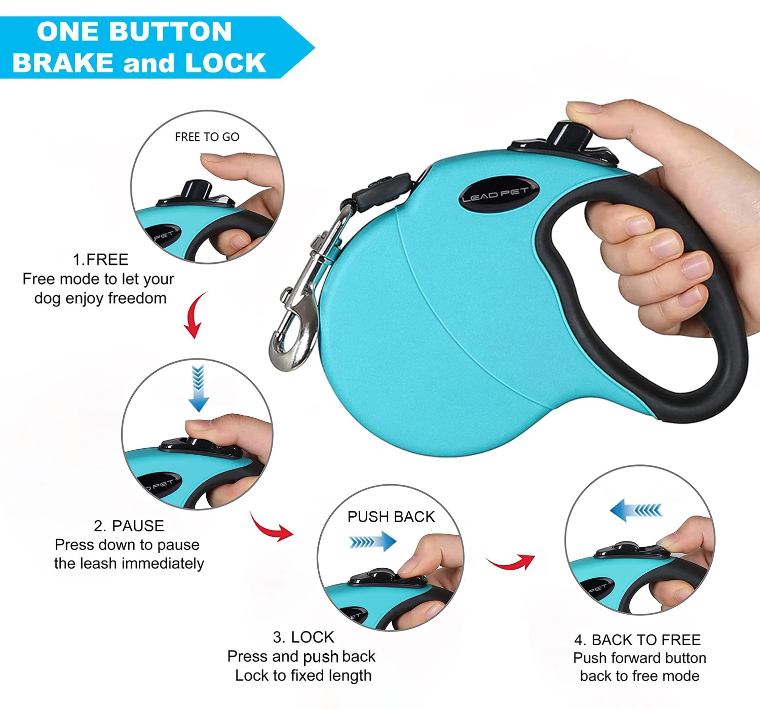 LEAD PET 16FT Dog Walking Leash with Chew Proof Cable, for Dog ups to 100lbs, Ergonomic Handle,One Button Break & Lock