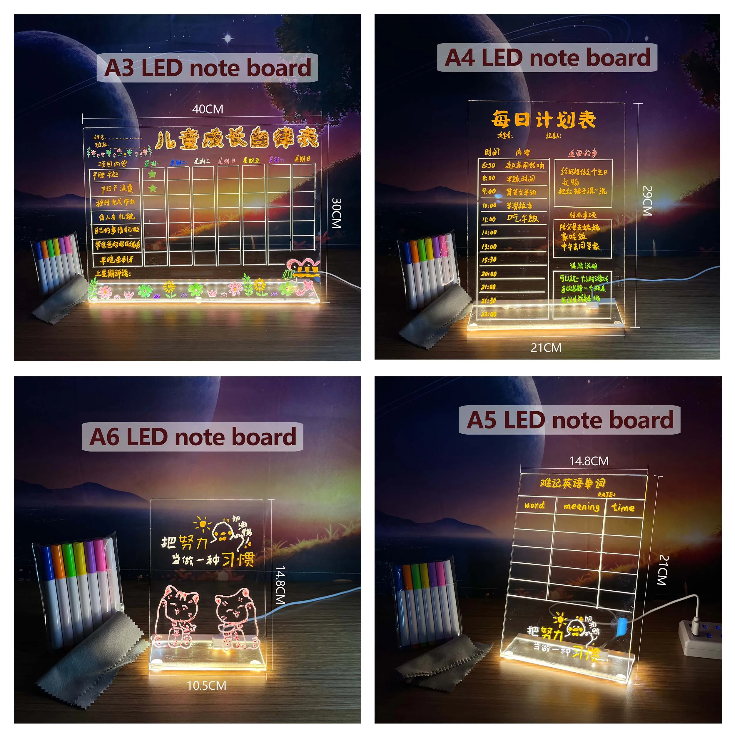 Led Night Light USB Message Board Holiday Light With Pen Acrylic Sign Holder A4 Photo Frame Table Menu Display Stand