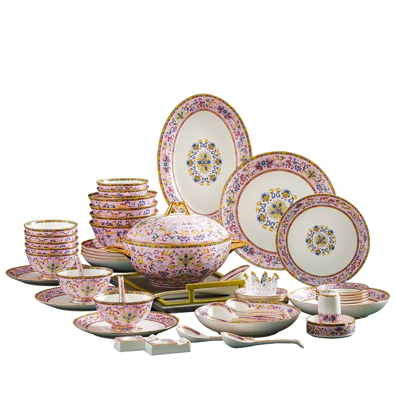 High-End Hotel Dining Tableware Set 9-Color Gold Phnom Penh Wrapped Jingdezhen Bone China Home Commercial Use Elegant Enamel