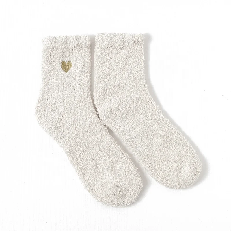 Wholesale Heart Embroidered Solid Warm Cozy Fluffy Sleeping Socks Women Soft Fleece Fuzzy Socks