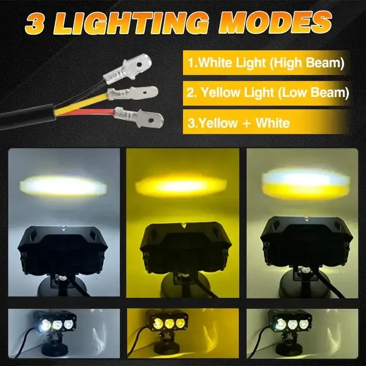 Motorcycle Spotlight 3 lens Hi/Low Beam LED Work Light 3 lens Mini Driving Headlamp Fog Lamps 12V 24V White/Yellow