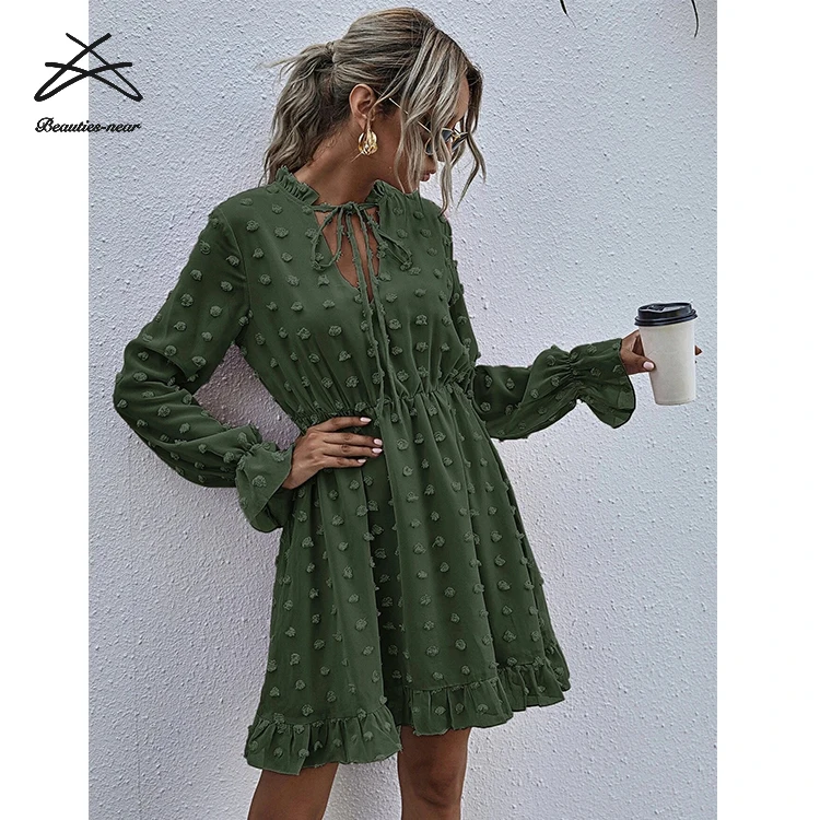 2021 Spring Polka Dot Dresses Womens Elegant Stylish Elegant Ruffles Women Dress Long Sleeve Ladies Chiffon Dress