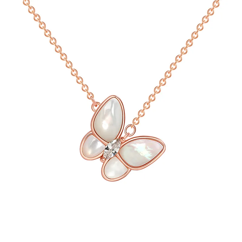 New Trendy Rose Gold Plated S925 Sterling Silver Butterfly Necklace S925 Cubic Zirconia Opal Butterfly Pendant Necklace