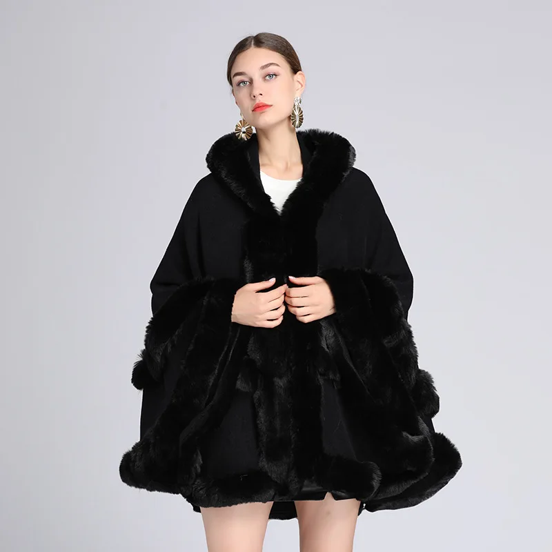 CX-F-S-85B Wholesale Faux Fur Cape Hooded Faux Rex Rabbit Fur Shawls For Women Winter