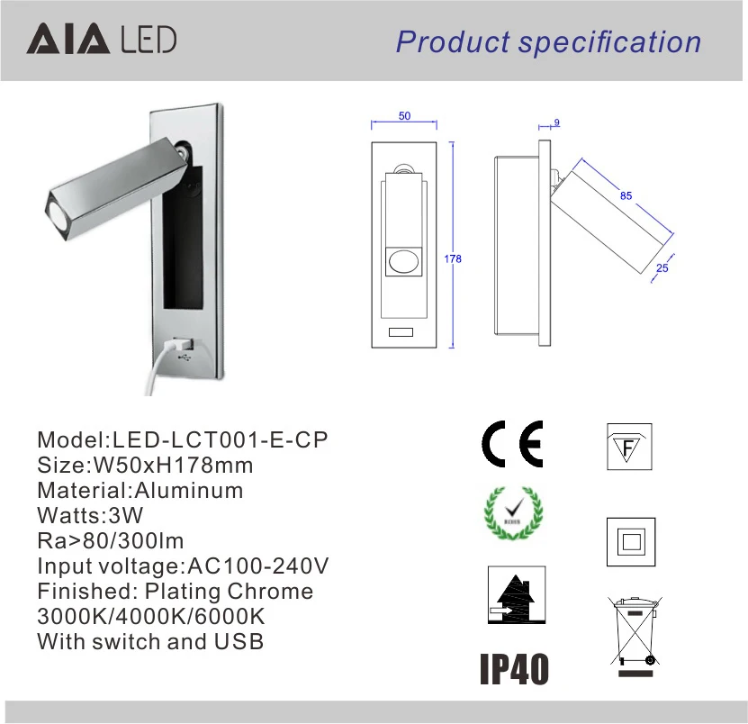 Modern 3W flexible USB bedside wall lamp bedroom wall light accordion headboard wall light for hotel villa projects