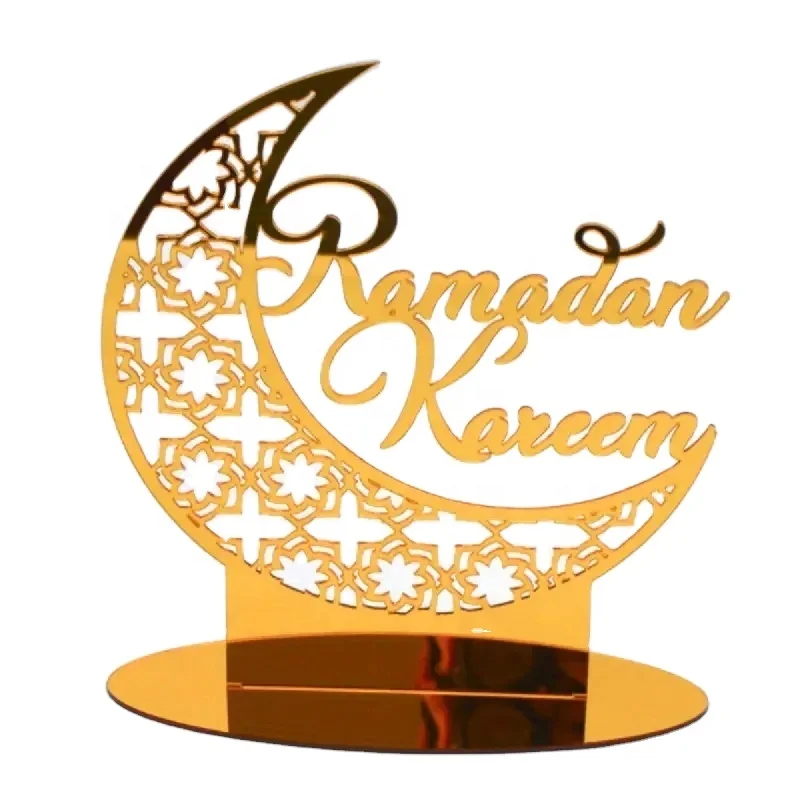 Acrylic Golden Ramadan Eid Mubarak Sculpture Moon Shape Table Desk Decoration Centerpiece Laser Cut Luxury Decorative Products