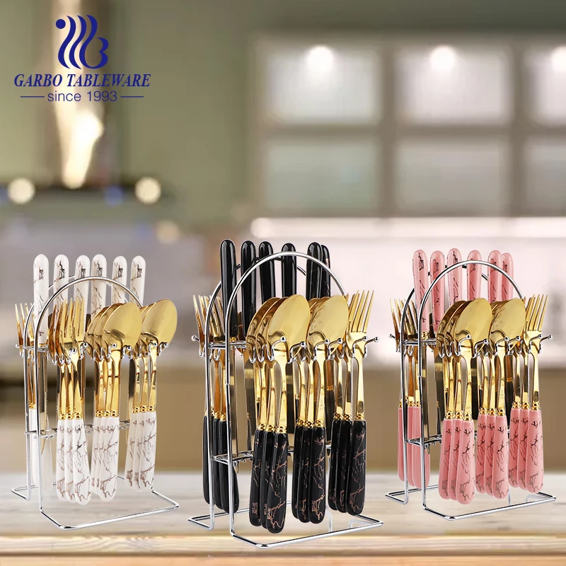 Promotion home silverware 24pcs ceramic handle gold cutlery spoon knife fork set with iron stand