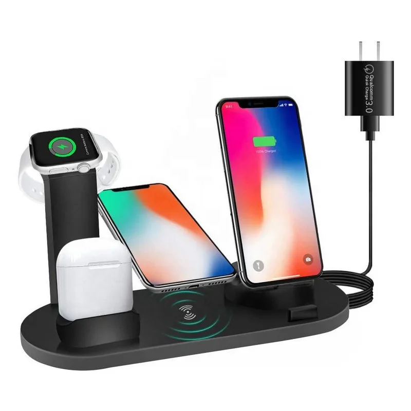 Новинка 2021, Быстрое беспроводное зарядное устройство Qi 4 в 1, 10 Вт, подставка для беспроводной зарядки мобильных телефонов, наушников, умных часов