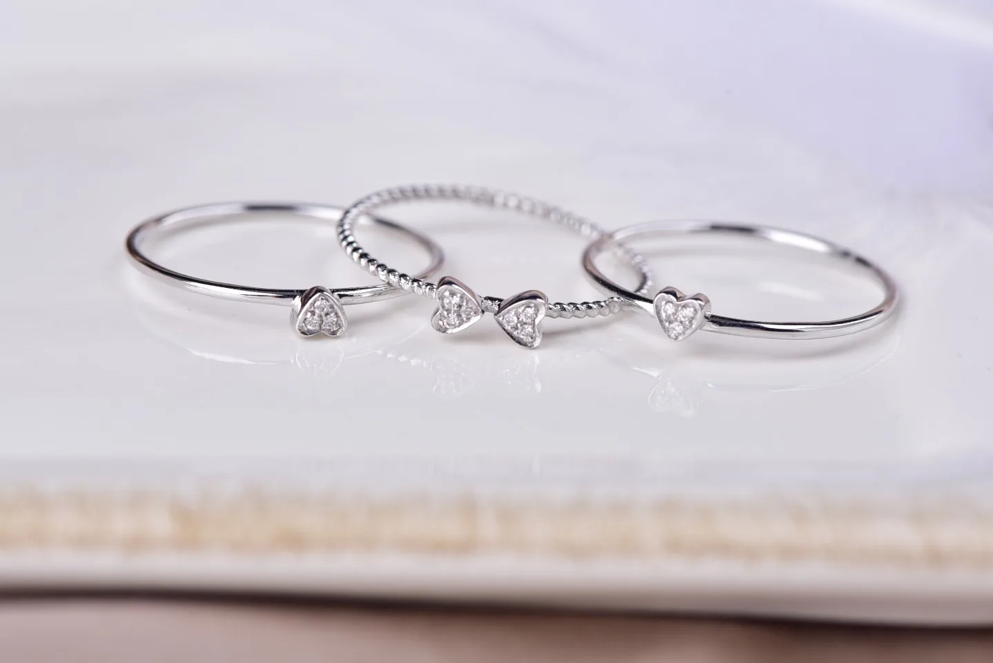 Heart Cut Real Diamond Solid White Gold Anniversary Jewelry Gift 18K Triple Ring Pure Gold Engagement Rings Wedding Ring Set