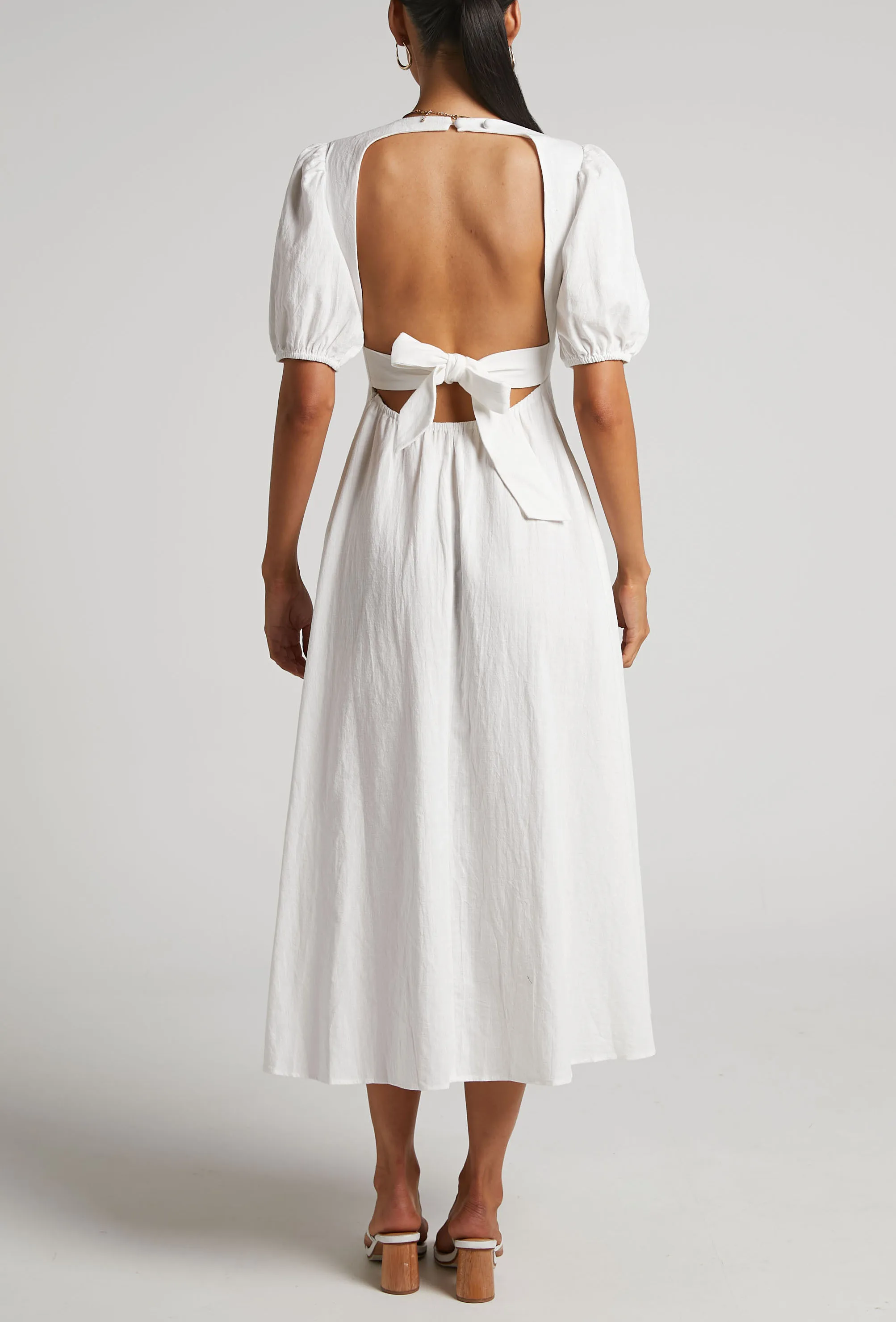 Wholesale Cotton Linen Long Midi Dress Custom Logo High Quality Front Slit Open Back White Clothing Women Summer Dresses