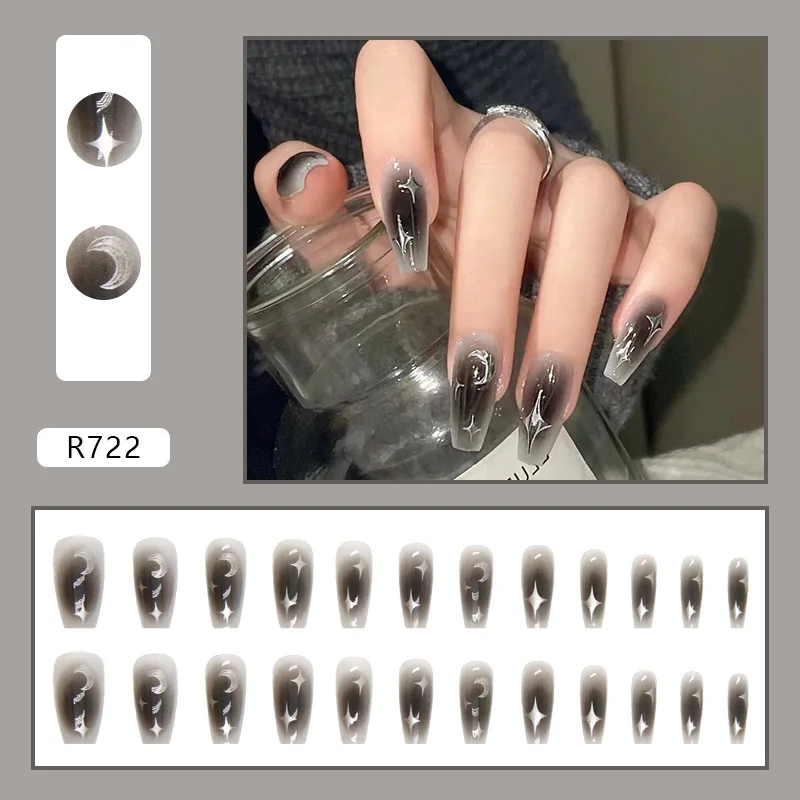 Press On Nail Design Silver Moon Star Medium Length Waterproof Finished Fake Nail