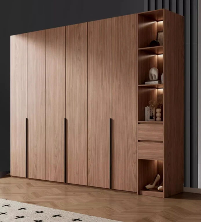 Modern Simple Solid Wood Storage Combination Wardrobe Walnut-Colored One Door to Top for Home Bedroom