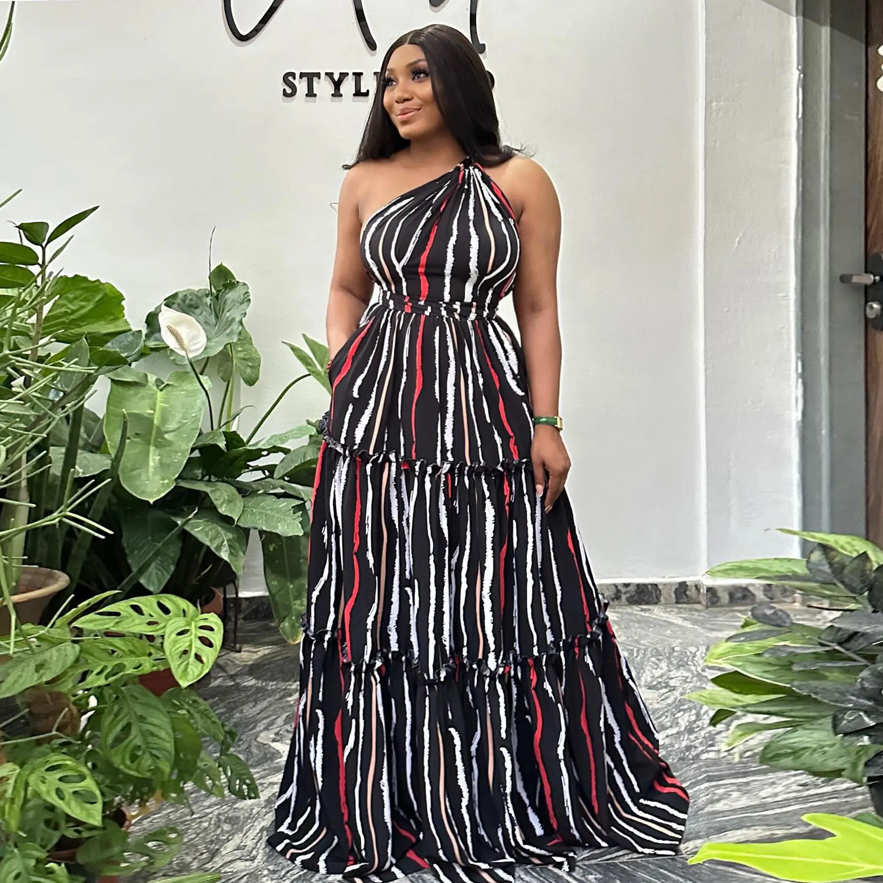 Women Camisole Oversized Dresses Summer Casual Maxi Dresses Strap Pocket Loose Backless Big Swing Striped Long Dresses