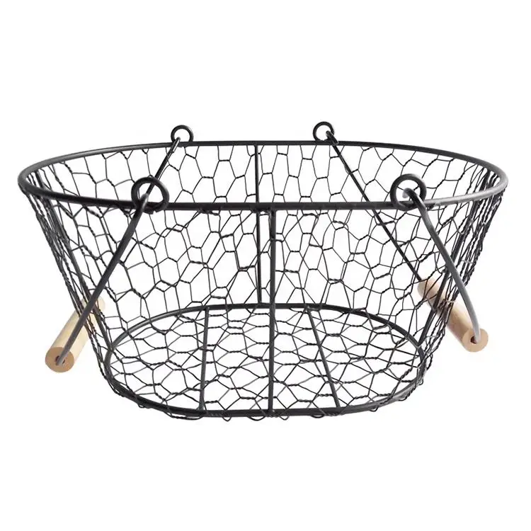 Factory Made Rustic French Germany Easter Christmas Fruit&Egg Shopping Holder Metal picnic Mesh Wire Basket with wood Handle