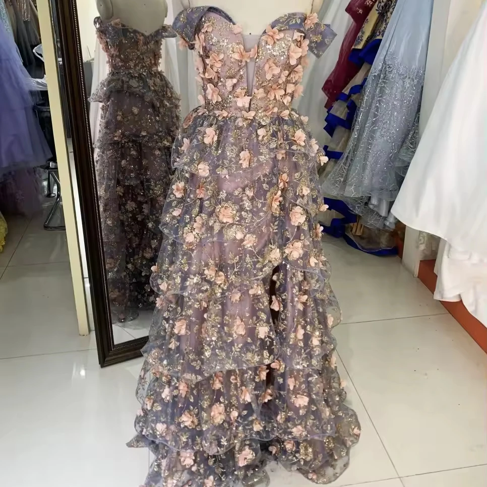 2024 off shoulder 3D pink flower glitter ruffle corset A line prom evening dresses ball gown prom dress elegant