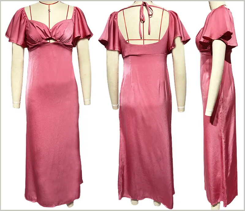 YFS batch 2024 summer new short-sleeved solid color slim temperament dress hollow sexy dress