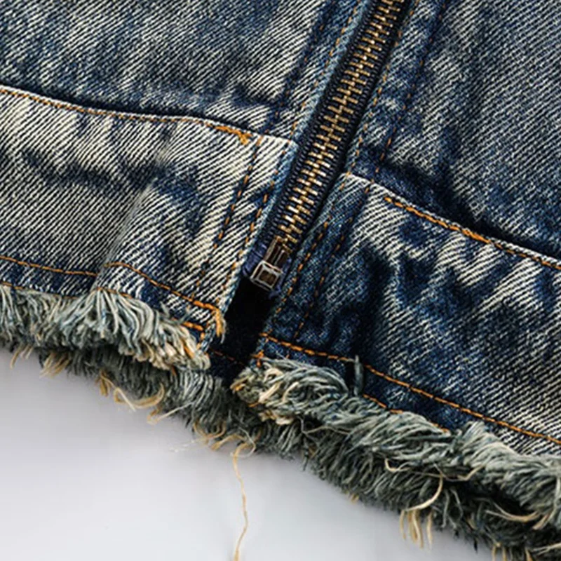 Custom High Quality Classic Washed Jeans Jacket With Metal Snap Button Raw Hem Zip Up Casual Streetwear Denim Jacket For Men