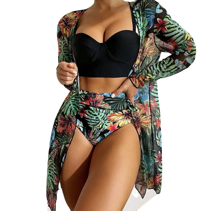 2024 High Quality Retro Printing Swimwear Two Piece Tassel Bikini Set Girls Fitness Beachwear with cover up
