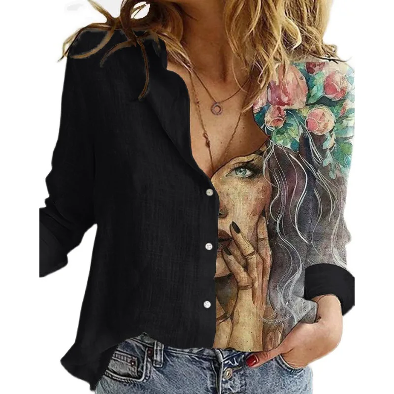 Women Floral Print Turn-down Collar Long Sleeve Top Lady Elegant Single Breasted Linen Shirt Women Half Print Loose Linen Blouse
