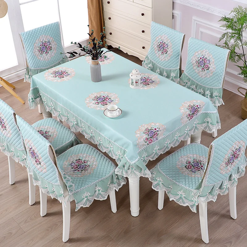 
High quality Luxury Europe style lace embroider decoration tablecloth home banquet chair cover set 