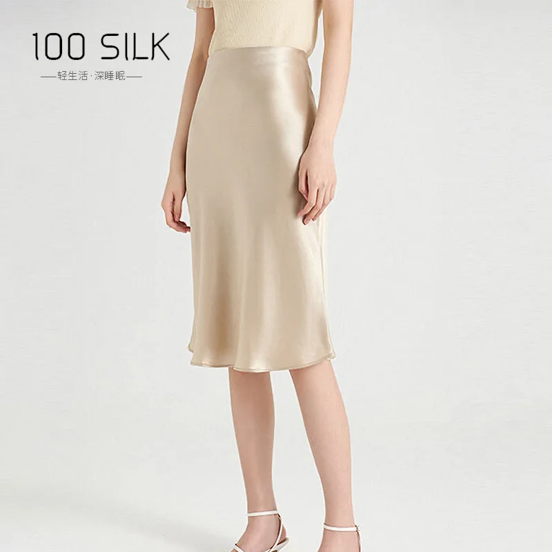 Elegant 19MM 100% Pure Satin Silk Skirt Knee Length Short Mulberry Silk Skirt For Women