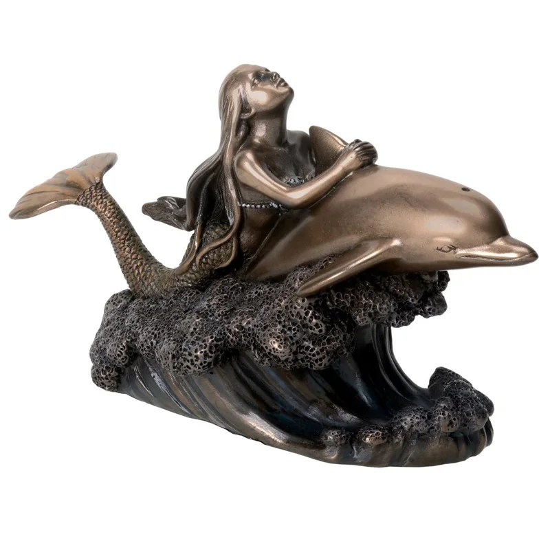 Mermaid with Dolphin Bronze Statue Metal Colored Ocean Figurine Decoration Display