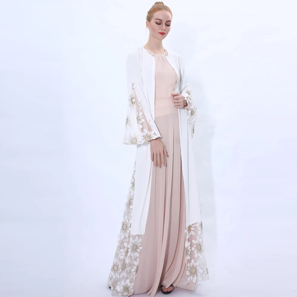 Trumpet Sleeve Mesh Stitching Cardigan white abaya muslim dress turkey traditional muslim women abaya dress with  3d flower