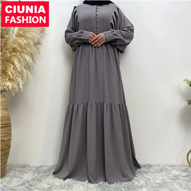 6633# Fashionable Women Abaya Modest Dresses Buttons Solid Color Loose Maxi Dress Middle East Turkey