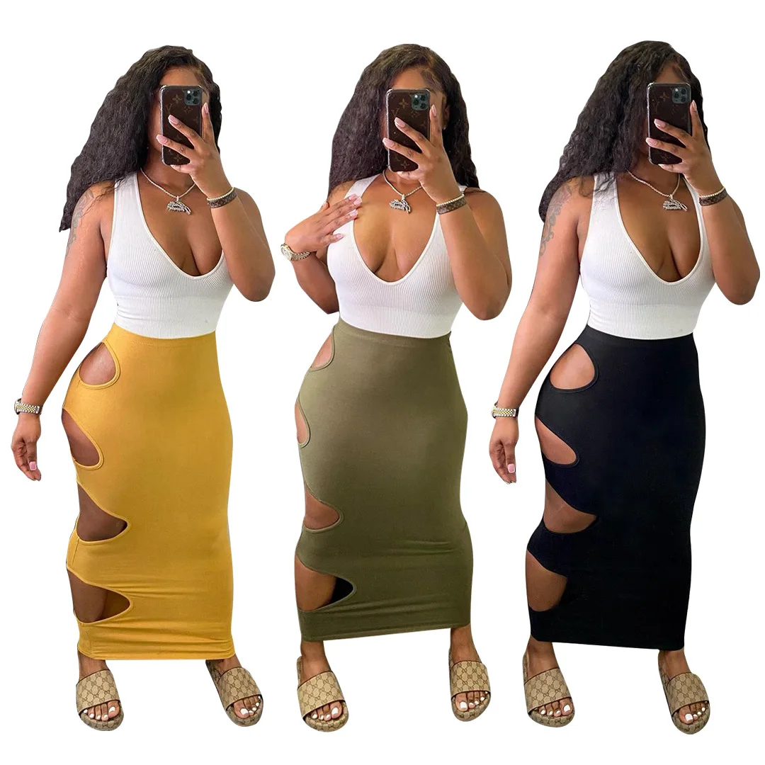 
Long Skirts for Women Maxi Elastic Waist Ladies Side Cut Out Maxi Top and Skirts Set Women Two Piece Cut Out Skirts Set 